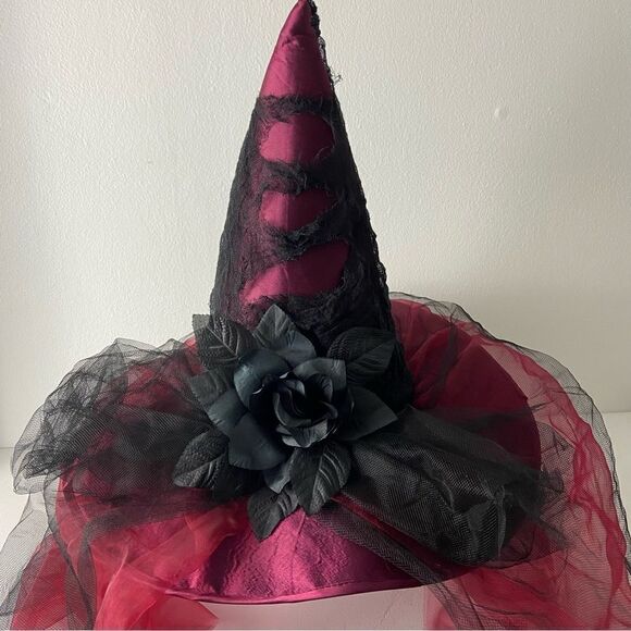 Halloween Red Black Mesh Witchy Hat Black Roses ‎ Whimsigoth Grunge Cosplay OS - Picture 9 of 10